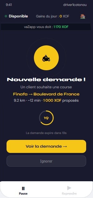 Interface chauffeur VaZapp — réception des demandes de course en direct