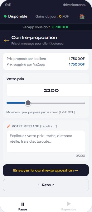 Contre-proposition du chauffeur VaZapp — le chauffeur propose un nouveau prix