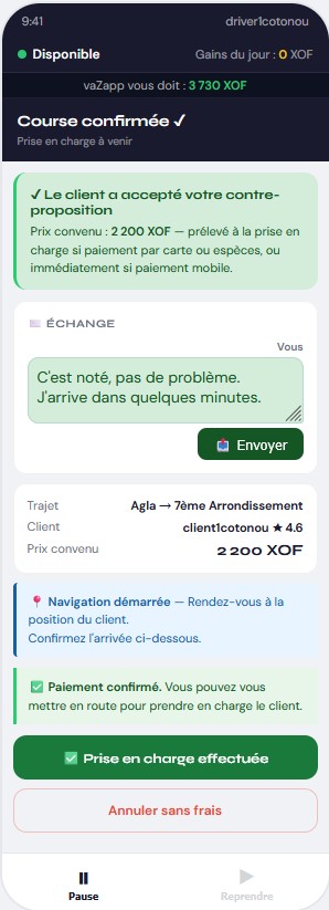 Prise en charge VaZapp — le chauffeur arrive, suivi GPS en direct