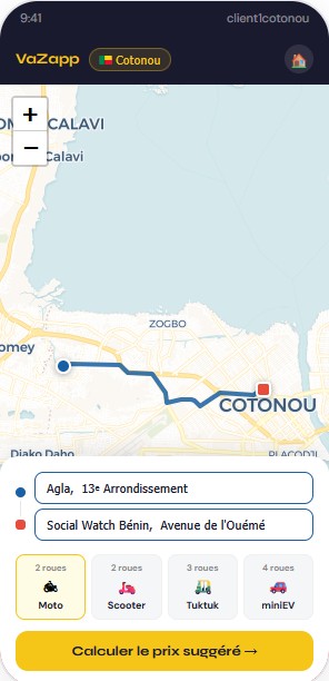 Écran de sélection du trajet VaZapp — départ et arrivée sur carte interactive